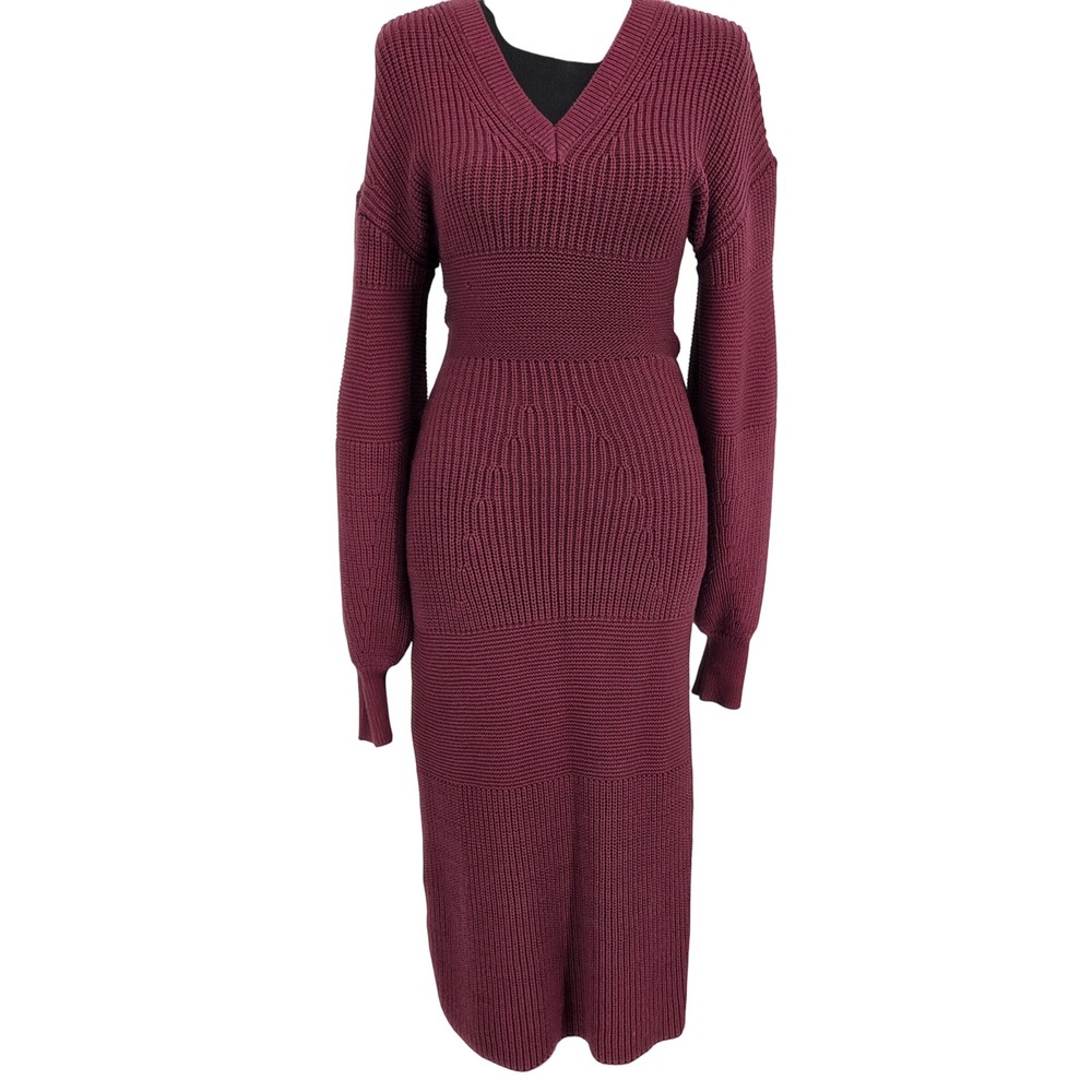 STAUD—Long Sleeve Sweater Dress, Burgundy, XS